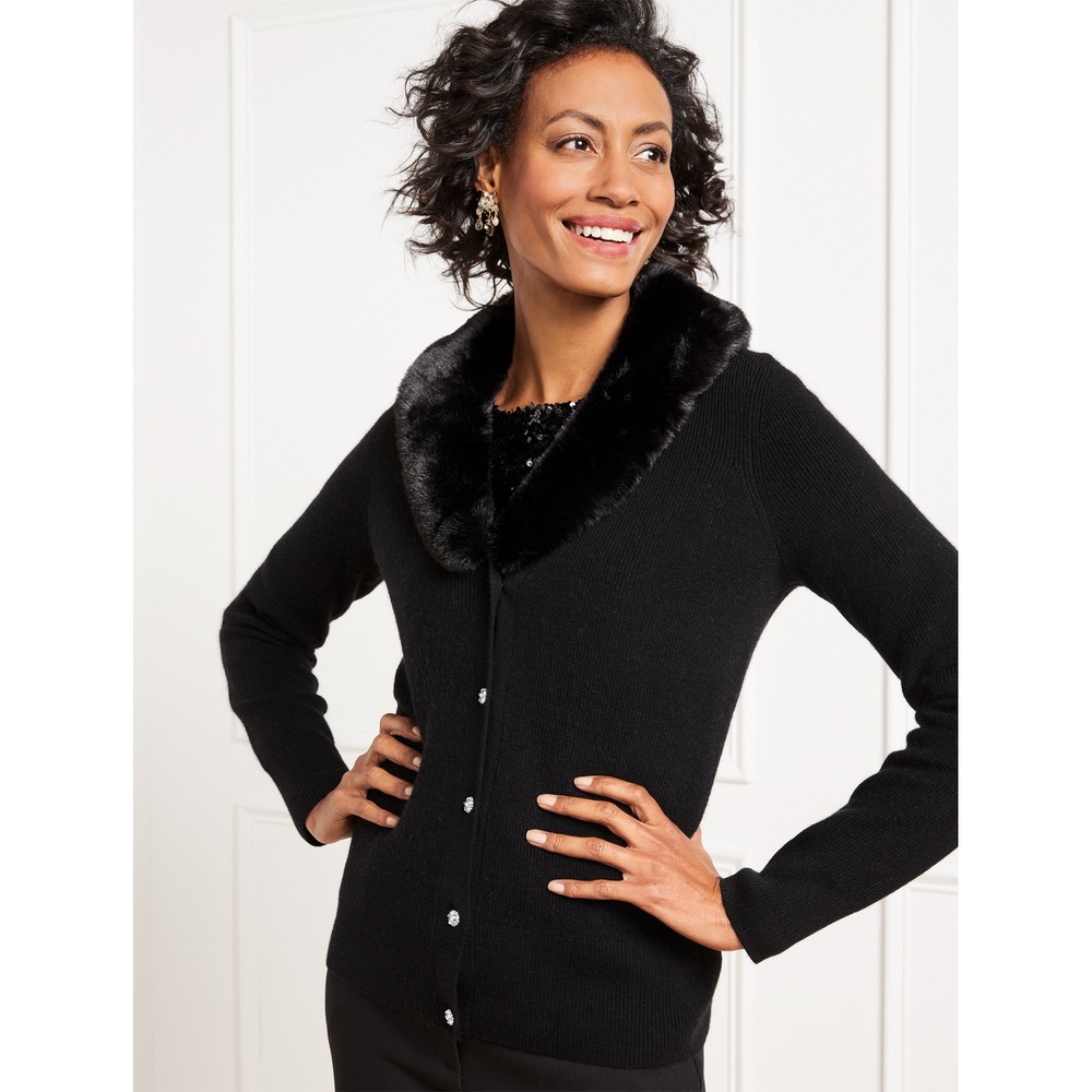 Talbots Black Wool Blend Faux Fur Collar Cardigan Sweater XS‎ Rhinestone Button